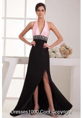 Brush Train Halter Top Pink and Black Prom Dress with the Back Out