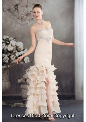 Champagne High Slit Prom Holiday Dress with Beading and Ruffled Layers