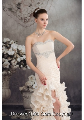 Champagne High Slit Prom Holiday Dress with Beading and Ruffled Layers