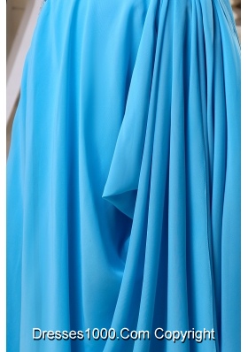 Chiffon Strapless Brush Train Aqua Blue Beaded Prom Dress Zipper-up