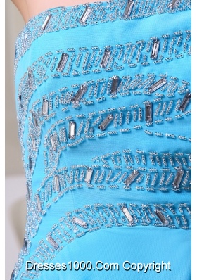 Chiffon Strapless Brush Train Aqua Blue Beaded Prom Dress Zipper-up