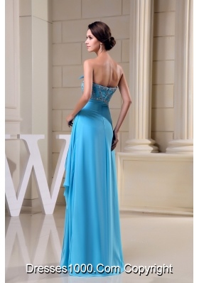 Chiffon Strapless Brush Train Aqua Blue Beaded Prom Dress Zipper-up