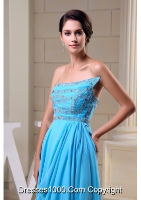 Chiffon Strapless Brush Train Aqua Blue Beaded Prom Dress Zipper-up