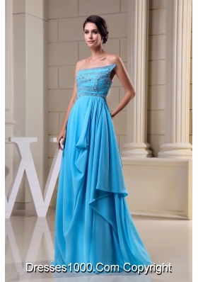 Chiffon Strapless Brush Train Aqua Blue Beaded Prom Dress Zipper-up