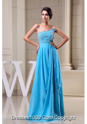 Chiffon Strapless Brush Train Aqua Blue Beaded Prom Dress Zipper-up