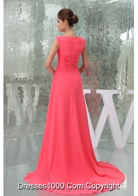 Chiffon Watermelon Red Brush Train Prom Dress with Cutout