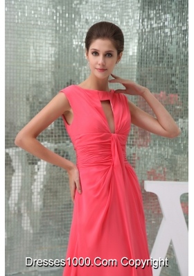 Chiffon Watermelon Red Brush Train Prom Dress with Cutout