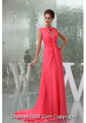 Chiffon Watermelon Red Brush Train Prom Dress with Cutout