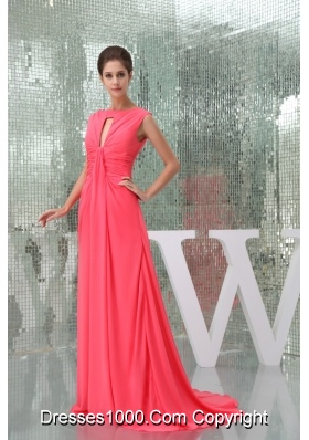 Chiffon Watermelon Red Brush Train Prom Dress with Cutout