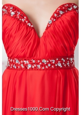 Empire Ankle-length Sweetheart Beaded Ruched Prom Dress in Red