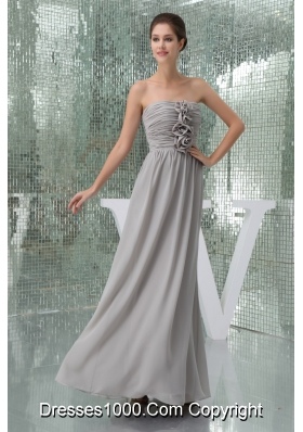 Empire Ruches and Flowers Accent on Long Chiffon Prom Dress