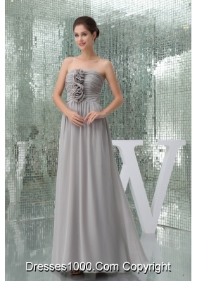 Empire Ruches and Flowers Accent on Long Chiffon Prom Dress