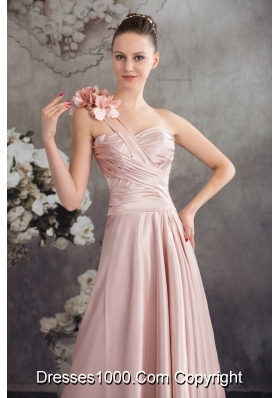 Flowers Accent on One Shoulder High-low Ruched Prom Celebrity Dres