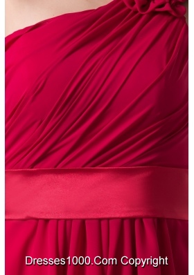 Flowery One Shoulder and Ruches Accent Prom Formal Dress in Wine Red