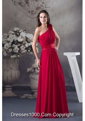 Flowery One Shoulder and Ruches Accent Prom Formal Dress in Wine Red