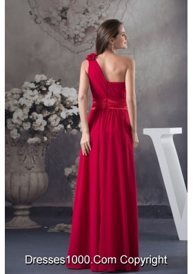 Flowery One Shoulder and Ruches Accent Prom Formal Dress in Wine Red