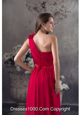 Flowery One Shoulder and Ruches Accent Prom Formal Dress in Wine Red