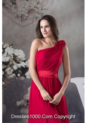 Flowery One Shoulder and Ruches Accent Prom Formal Dress in Wine Red