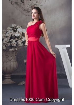 Flowery One Shoulder and Ruches Accent Prom Formal Dress in Wine Red