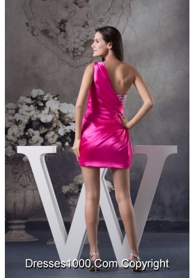 Fuchsia One Shoulder Short taffeta Prom Dress with Rhinestone