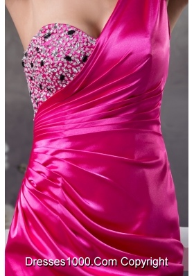 Fuchsia One Shoulder Short taffeta Prom Dress with Rhinestone