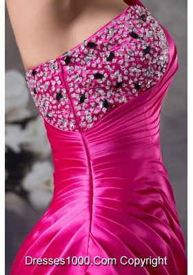 Fuchsia One Shoulder Short taffeta Prom Dress with Rhinestone