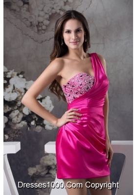 Fuchsia One Shoulder Short taffeta Prom Dress with Rhinestone