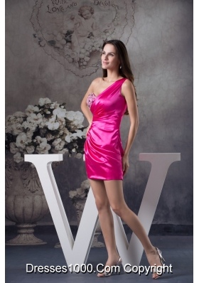 Fuchsia One Shoulder Short taffeta Prom Dress with Rhinestone