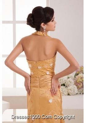 Gold Halter Top Floor-length Prom Dress for Girls with Beading