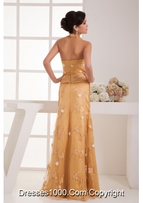 Gold Halter Top Floor-length Prom Dress for Girls with Beading