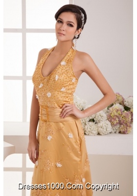 Gold Halter Top Floor-length Prom Dress for Girls with Beading