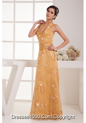 Gold Halter Top Floor-length Prom Dress for Girls with Beading