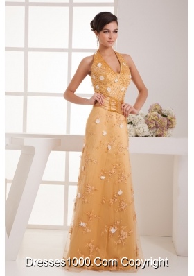 Gold Halter Top Floor-length Prom Dress for Girls with Beading