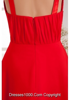 Knee-length Straps Red Ruched Prom Dress with Flounced Hem