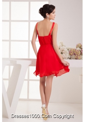 Knee-length Straps Red Ruched Prom Dress with Flounced Hem