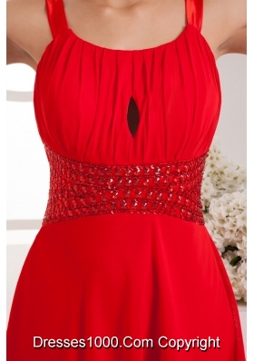 Knee-length Straps Red Ruched Prom Dress with Flounced Hem