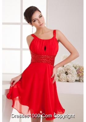 Knee-length Straps Red Ruched Prom Dress with Flounced Hem