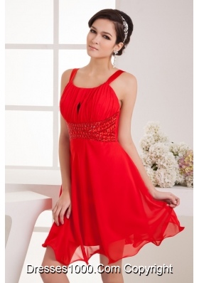 Knee-length Straps Red Ruched Prom Dress with Flounced Hem