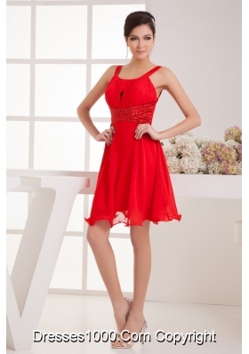 Knee-length Straps Red Ruched Prom Dress with Flounced Hem