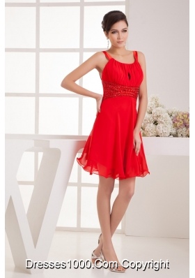 Knee-length Straps Red Ruched Prom Dress with Flounced Hem