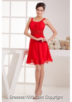 Knee-length Straps Red Ruched Prom Dress with Flounced Hem