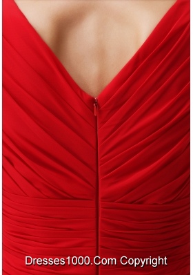 Knee-length V-neck Chiffon Red Prom Dress with Handmade Flower