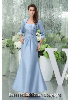 Light Blue Mermaid Beaded and Ruched Ankle-length Prom Outfit