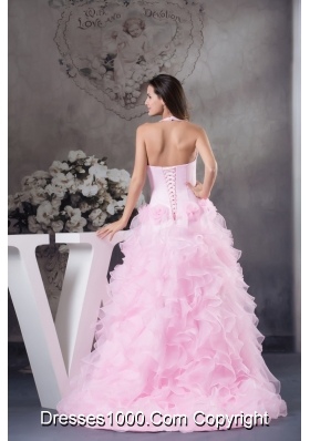 Light Pink Halter Top Ruffles Hand Made Flowers Prom Dress