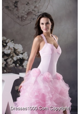 Light Pink Halter Top Ruffles Hand Made Flowers Prom Dress