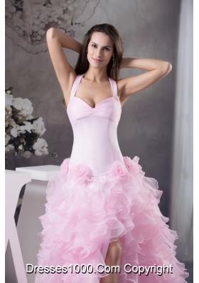 Light Pink Halter Top Ruffles Hand Made Flowers Prom Dress