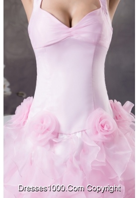 Light Pink Halter Top Ruffles Hand Made Flowers Prom Dress