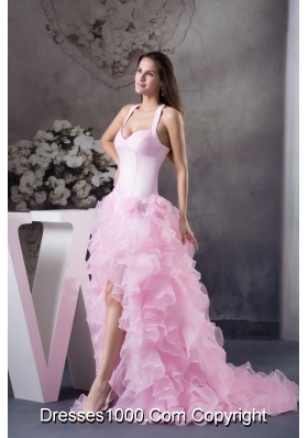 Light Pink Halter Top Ruffles Hand Made Flowers Prom Dress