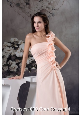 Light Pink One Shoulder Floor-length Prom Dress with Handmade Flower