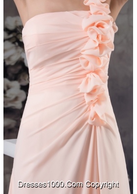 Light Pink One Shoulder Floor-length Prom Dress with Handmade Flower